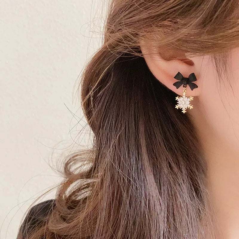 Zircon Snowflake Bow Earrings in Red or Black Winter Jewelry - Image 5