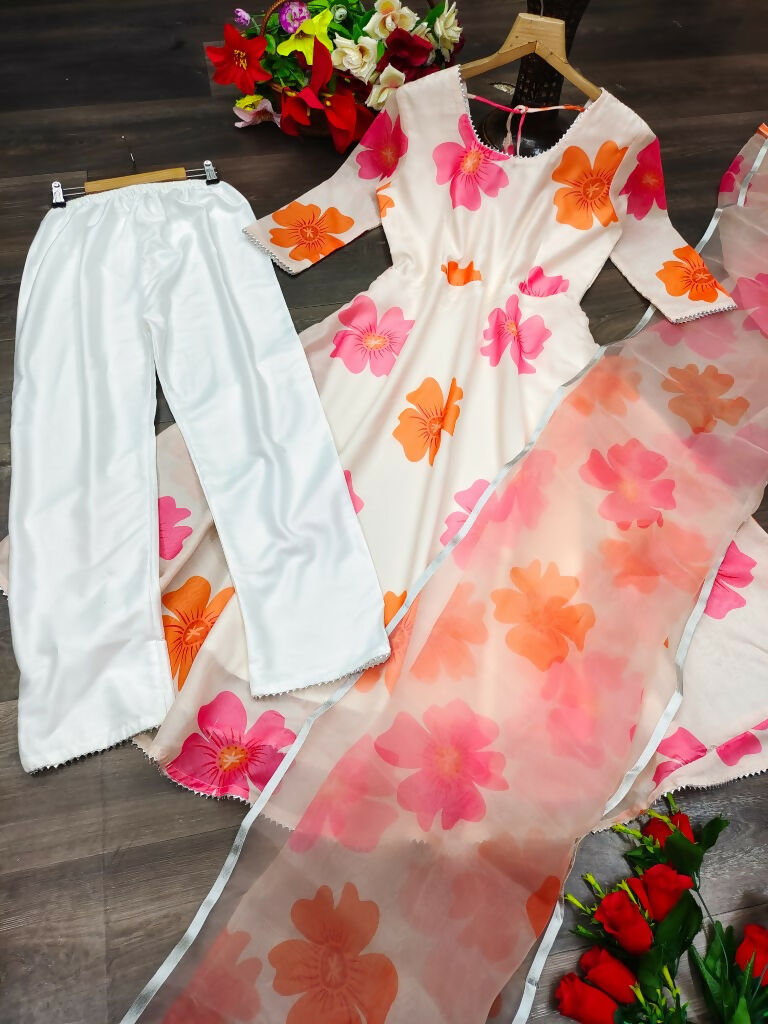 Women's Pink Heavy Chanderi Floral Print A-Line Kurta Set