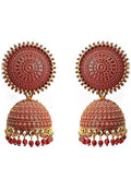 A pair of gold-plated red Meenakari Jhumkas with pearl embellishments for women and girls