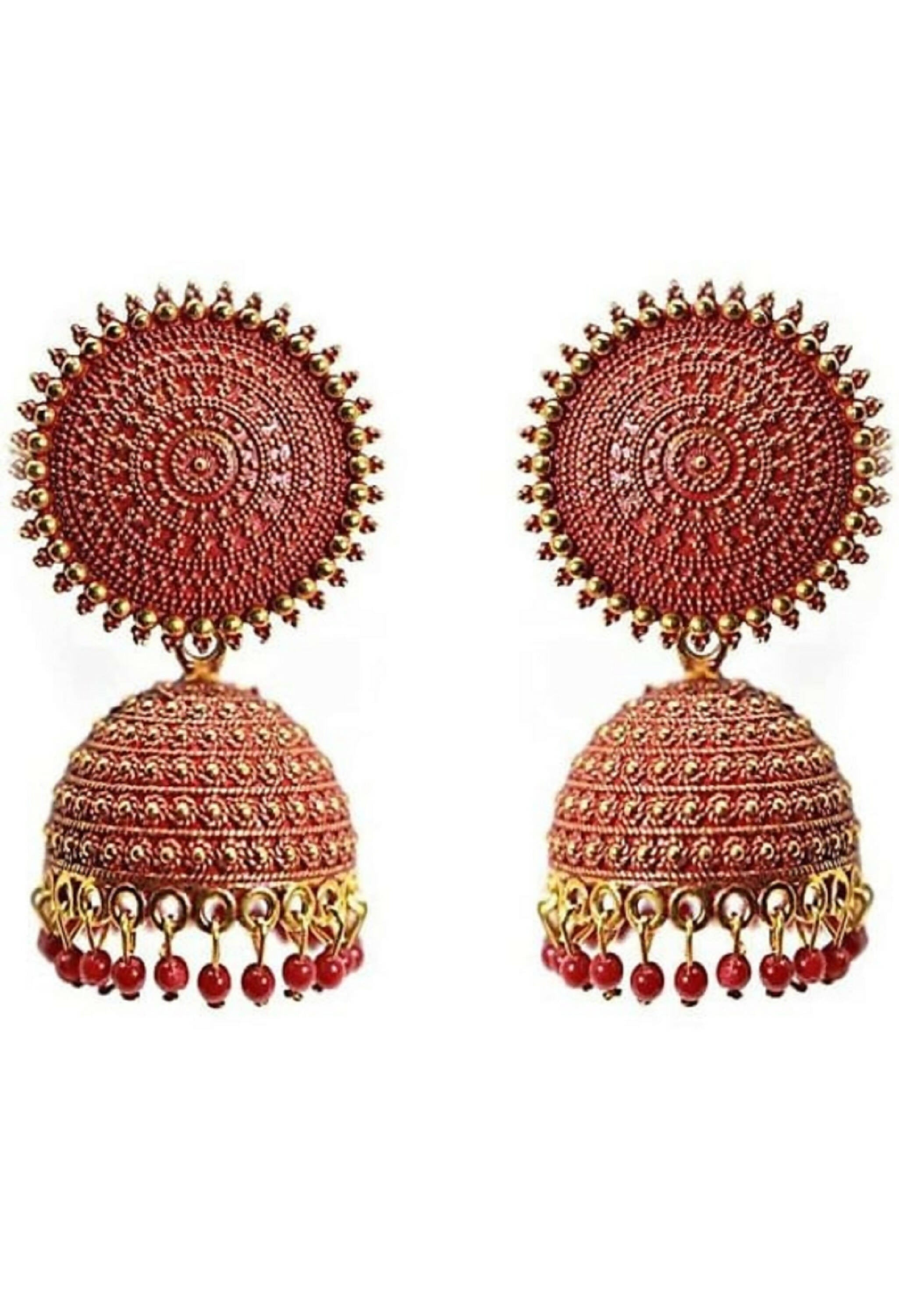 A pair of gold-plated red Meenakari Jhumkas with pearl embellishments for women and girls