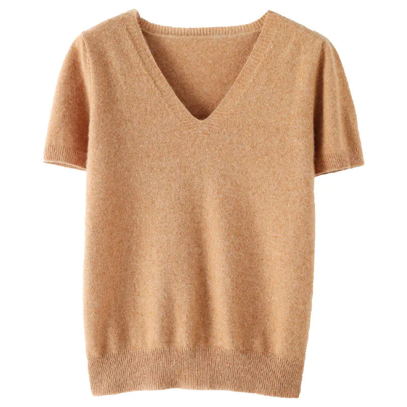 Women's Short Sleeve V-Neck Knit Sweater in Beige - Image 12