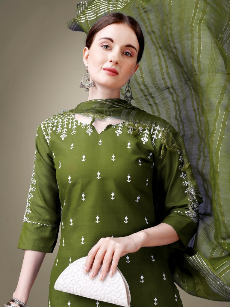Mehendi Green Cotton Blend Embroidered Kurta Set with Dupatta
