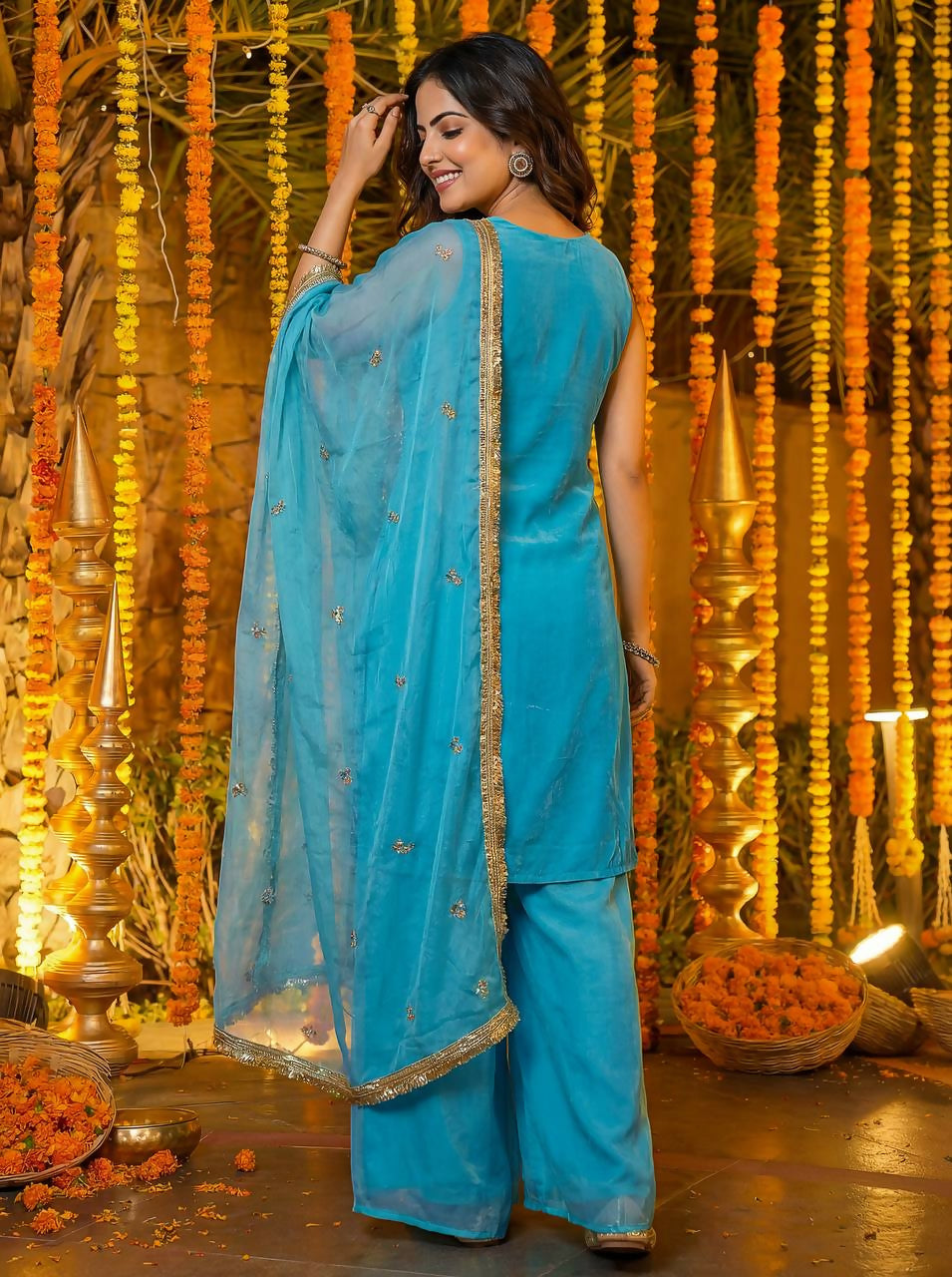 Blue Silk Embroidered Sharara Set for Traditional Occasions