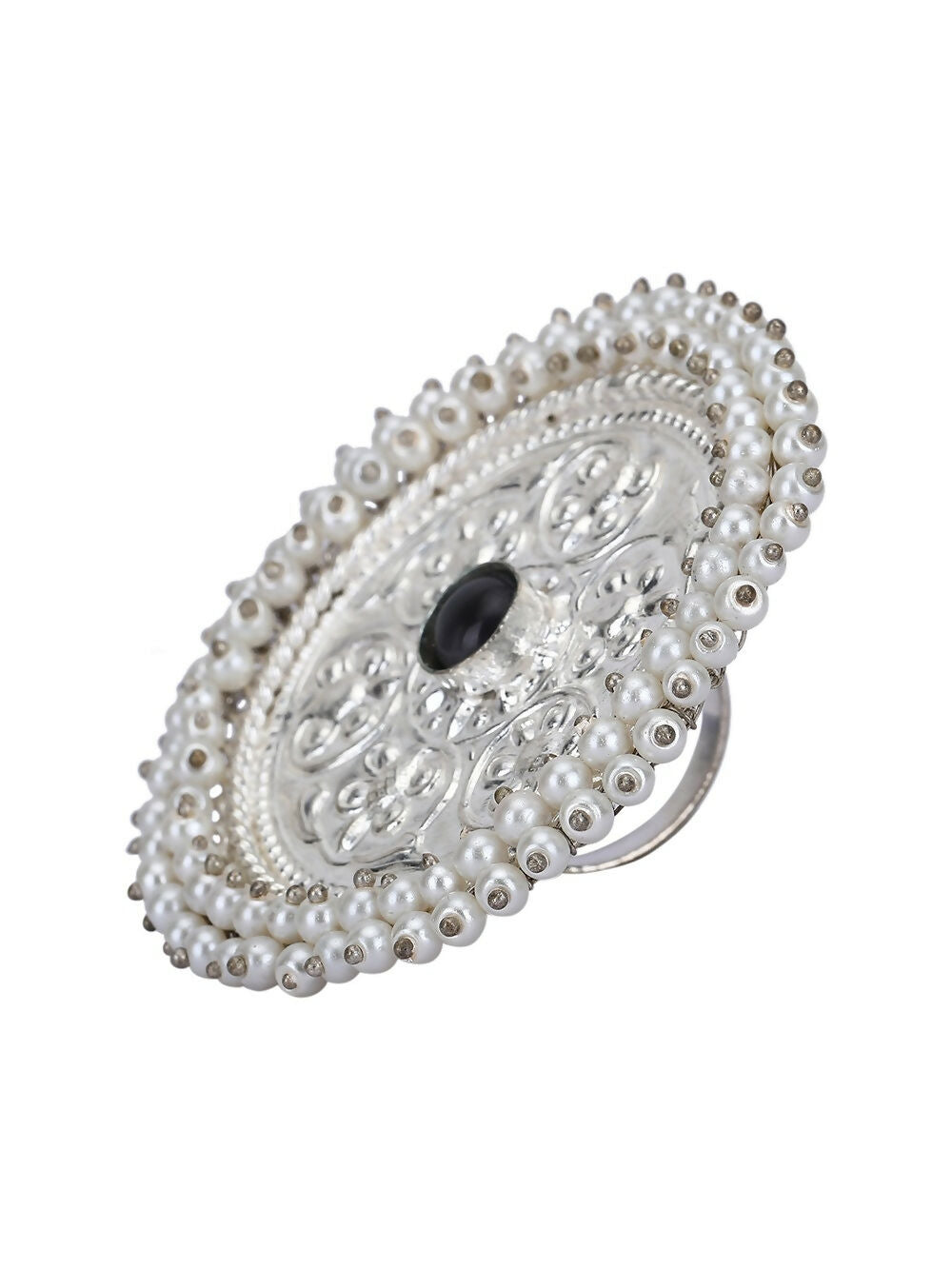 Women's Round Statement Ring in Silver Tone with Intricate Patterns