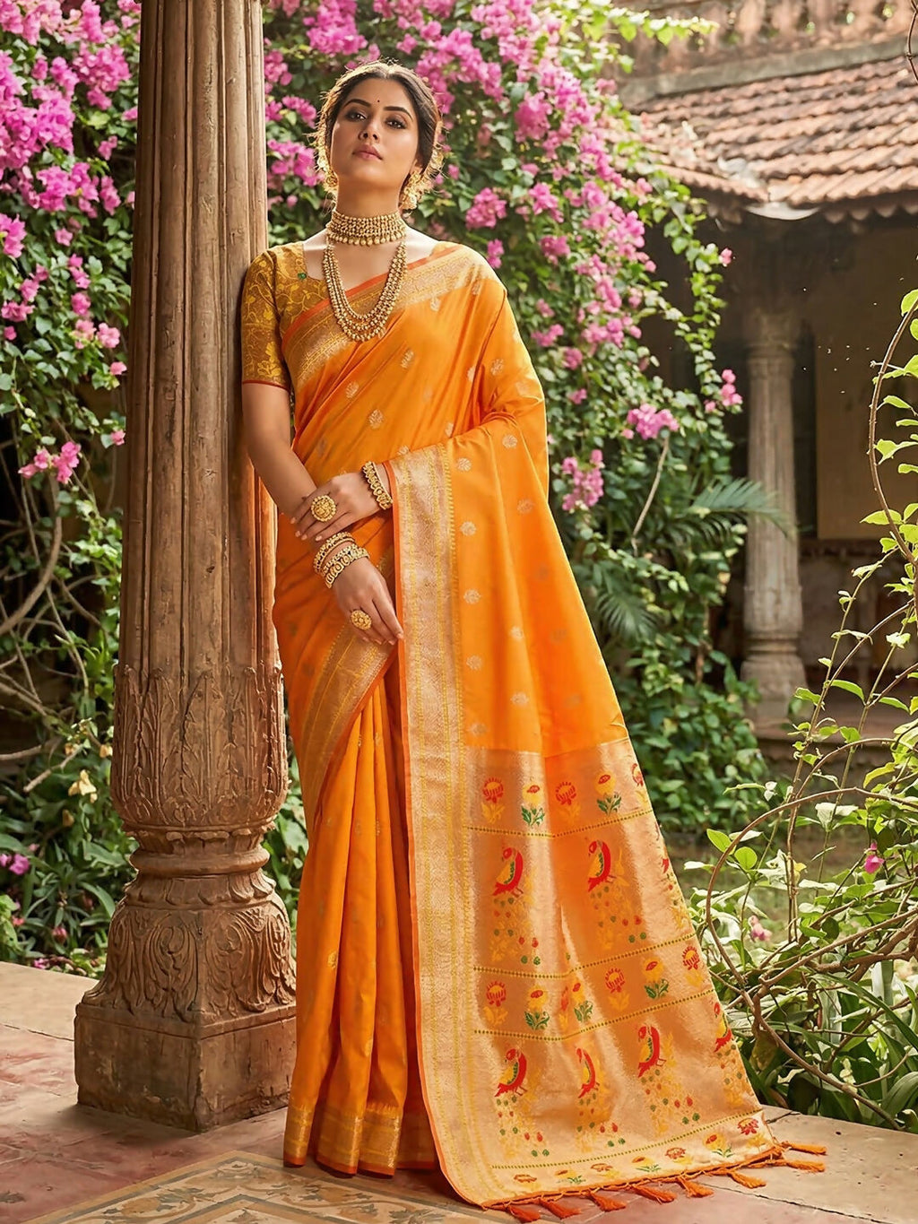 Bright yellow soft silk saree with matching unstitched blouse piece