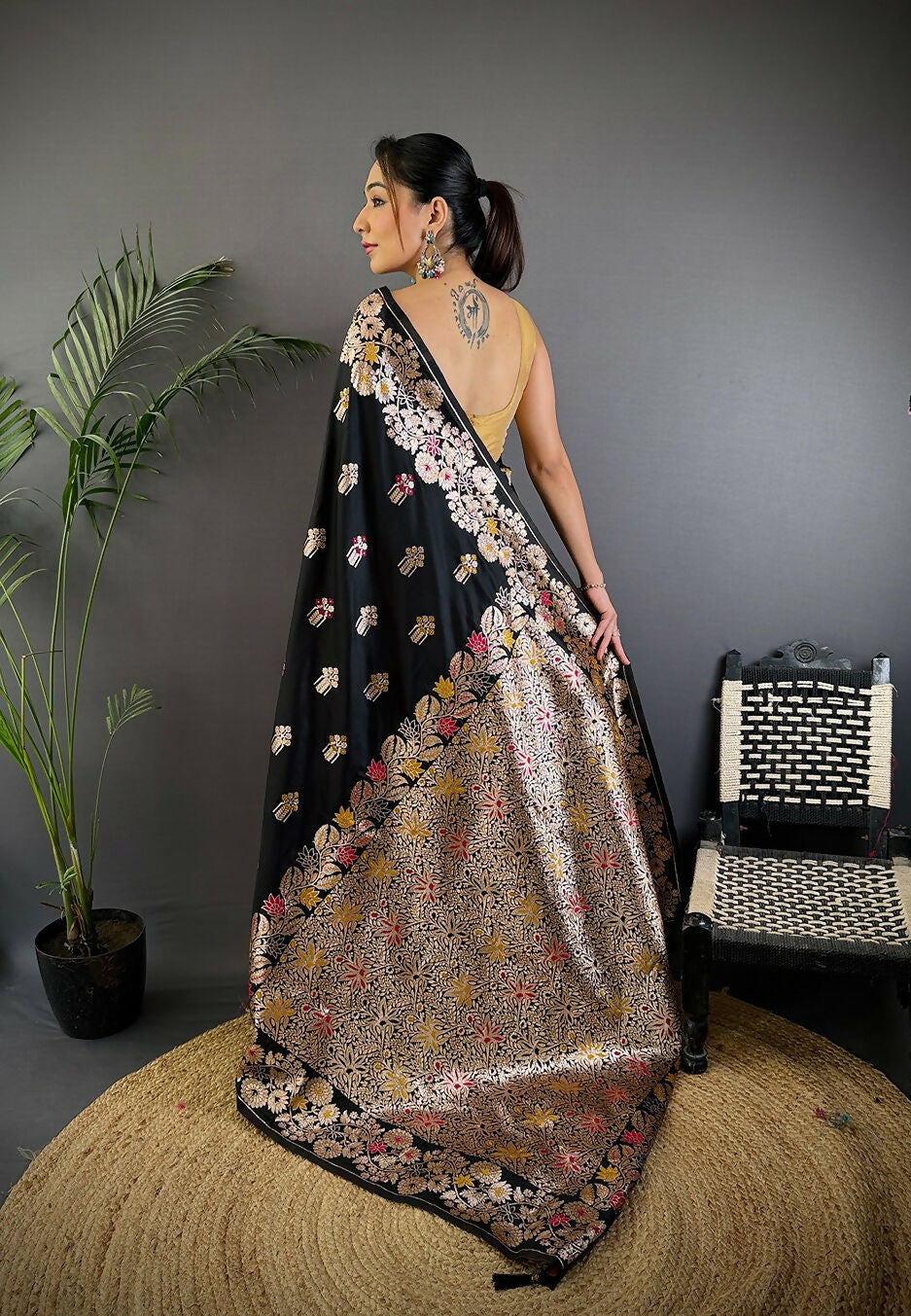 Black Meenakari Woven Soft Silk Saree with Matching Blouse