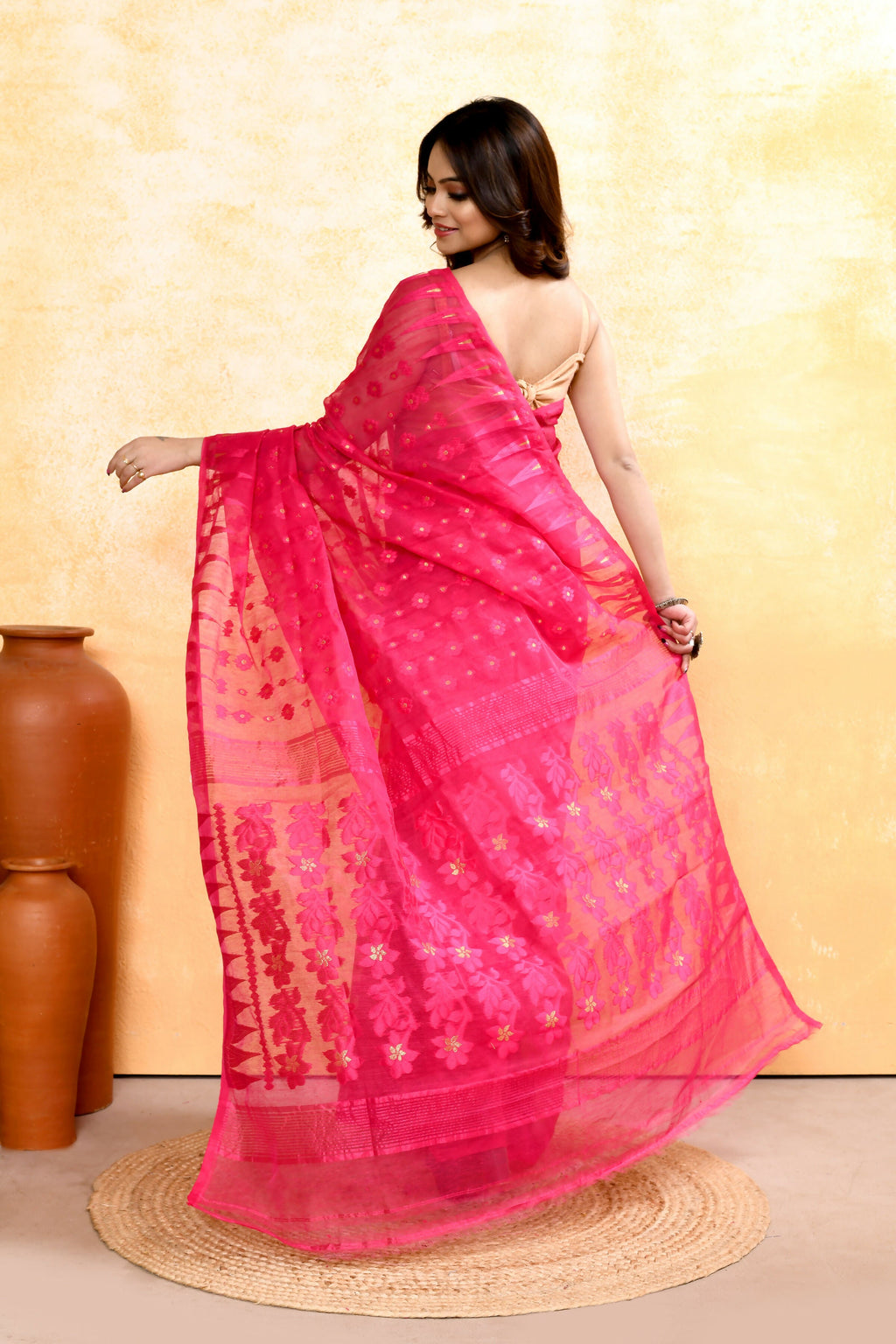 Rani Pink Embellished Cotton Blend Jamdani Saree for Women