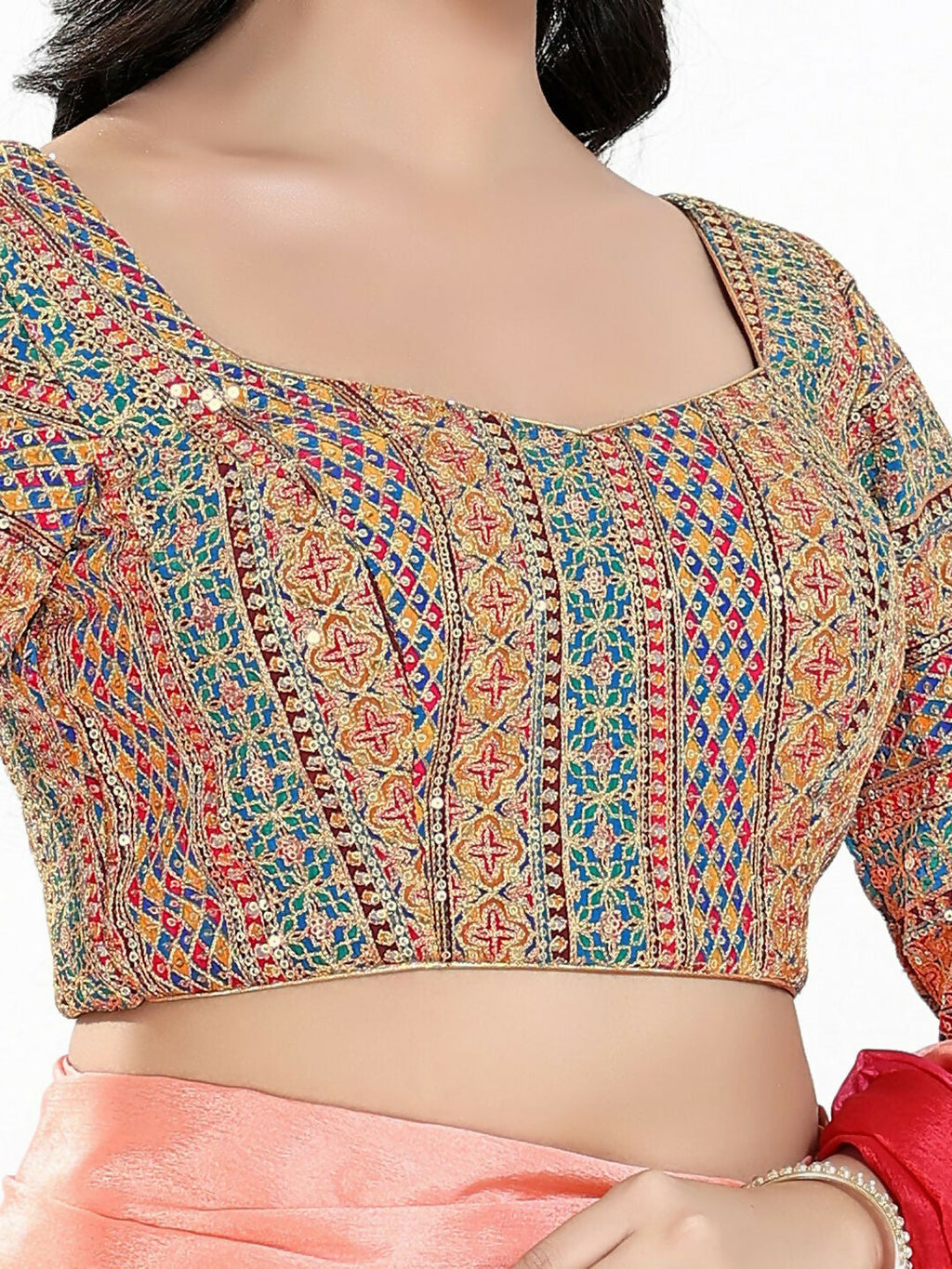 Joban Fashion Blue Multi Silk Padded Blouse With Sweetheart Neck 3/4 Sleeves