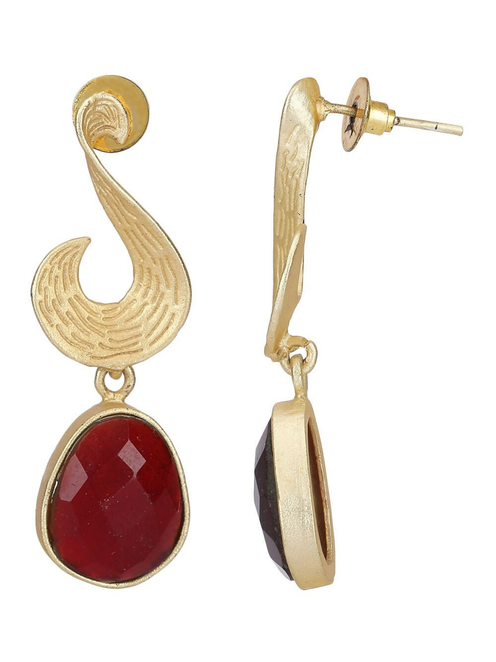 Matte Gold Drop Earrings with Red Stone Accent