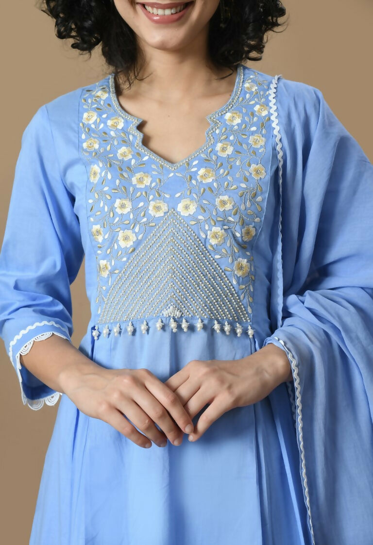 Light Blue Cotton Kurta Set with Organza Dupatta - 3 Piece Suit