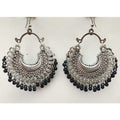 Half moon shaped silver oxidized earrings with black glass pearl accents