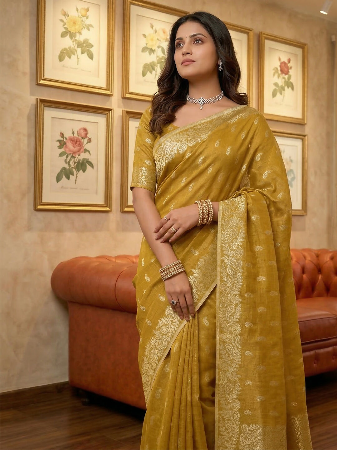 Mustard Tissue Silk Saree with Matching Blouse Piece