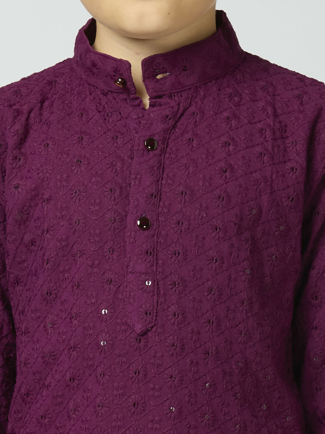 Boys Cotton Kurta and Pyjama Set with Sequin Work in Wine