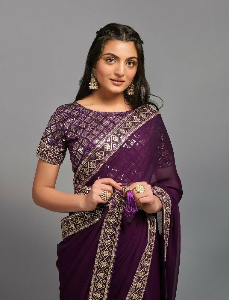 PR Fashion Wine Zometo Embroidery Lace Saree