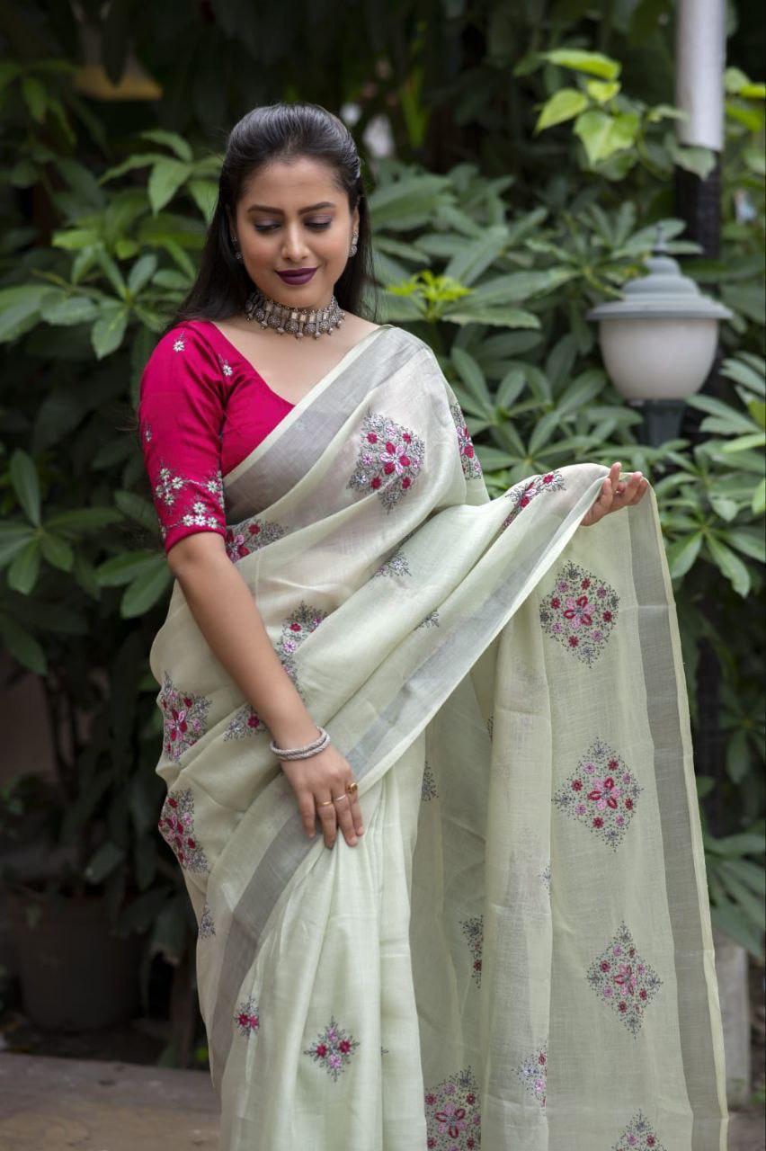 Green Pure Linen Saree with Ethnic Motifs and Zari Border
