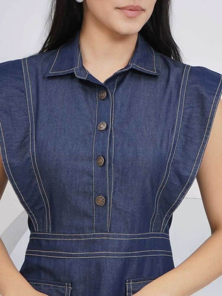 Blue Denim Midi Dress with Sleeveless A-Line Silhouette