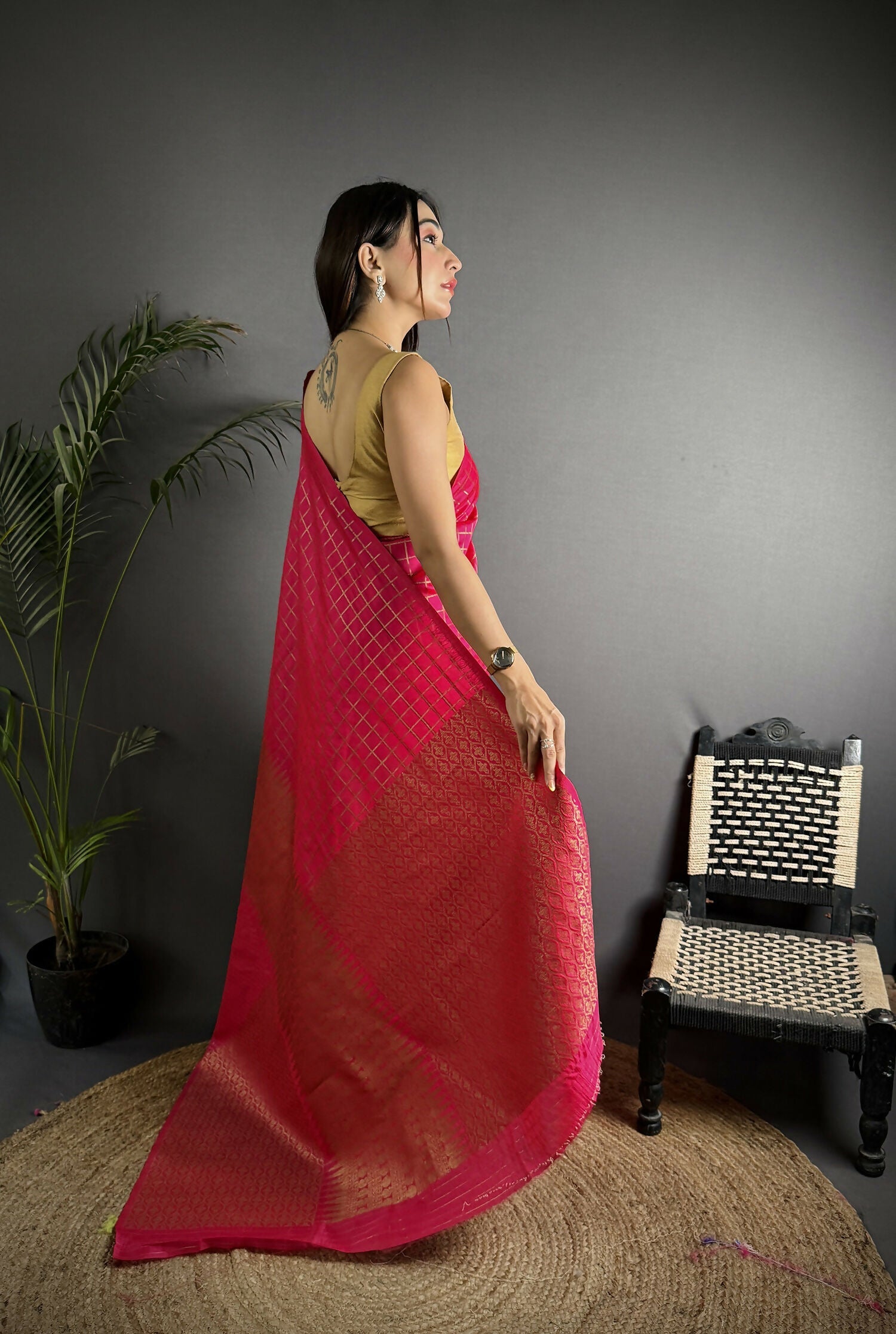 Hot Pink Banarasi Soft Lichi Silk Saree with Woven Checks