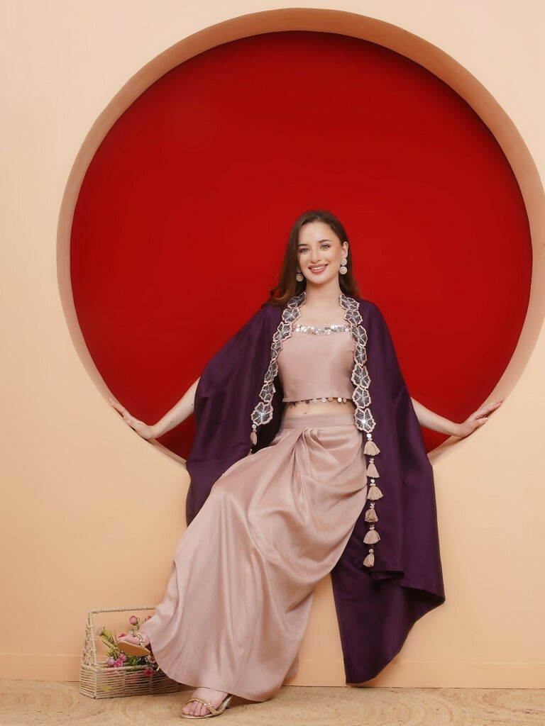 Purple and Rose Gold 3-Piece Skirt Set with Elegant Cape