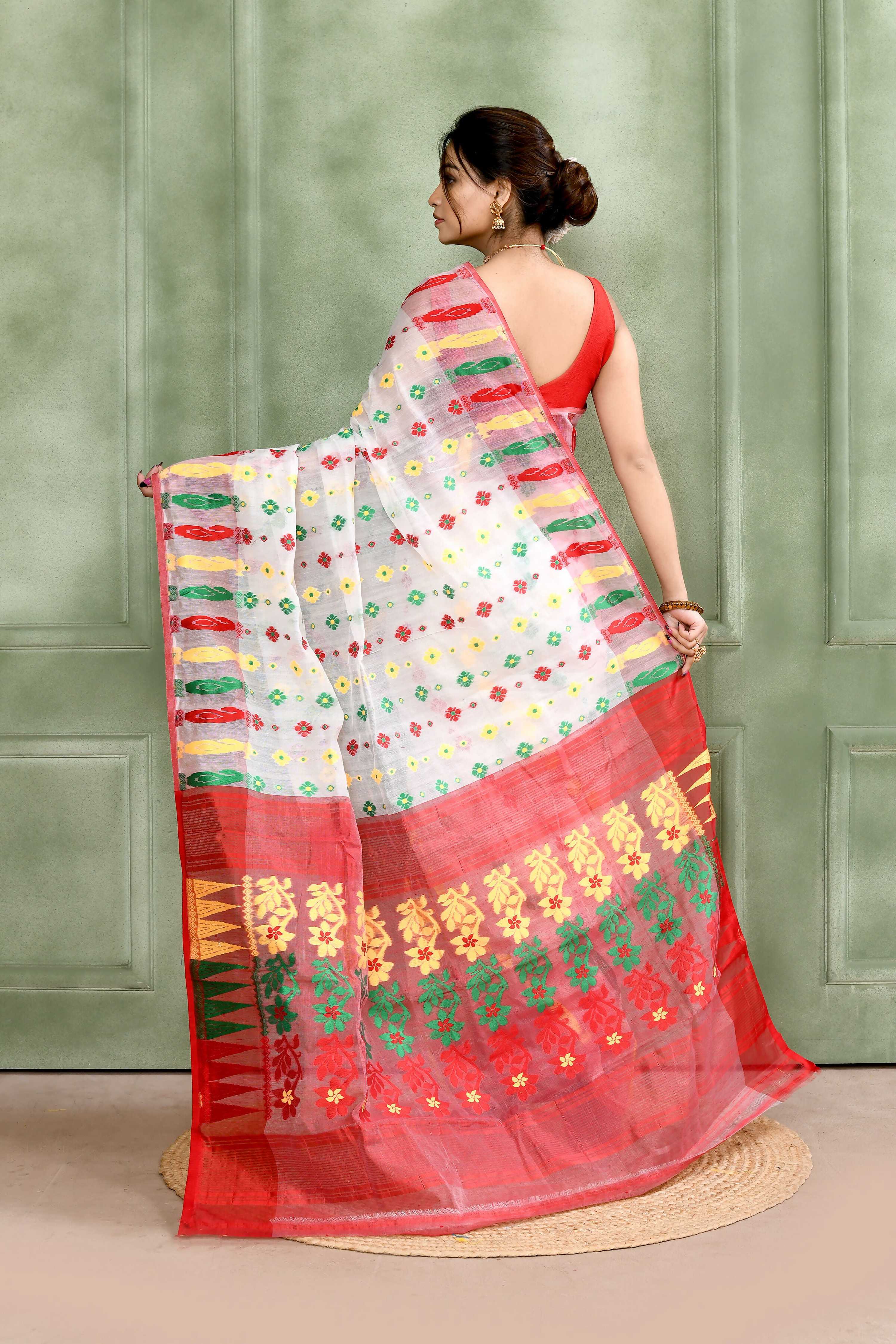Women's White Embellished Cotton Blend Jamdani Saree