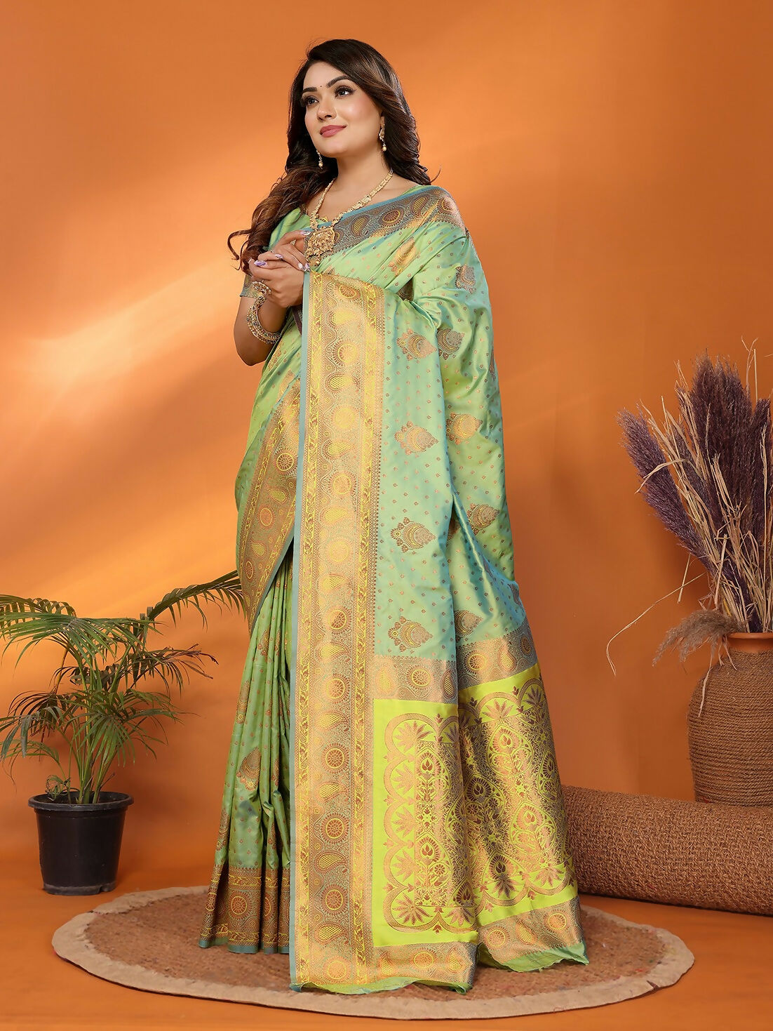 Banarasi Light Green Woven Soft Silk Saree with Blouse