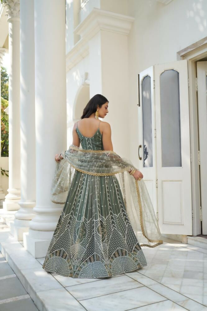 Dusty Green Butterfly Net Lehenga Choli With White Thread Embroidery