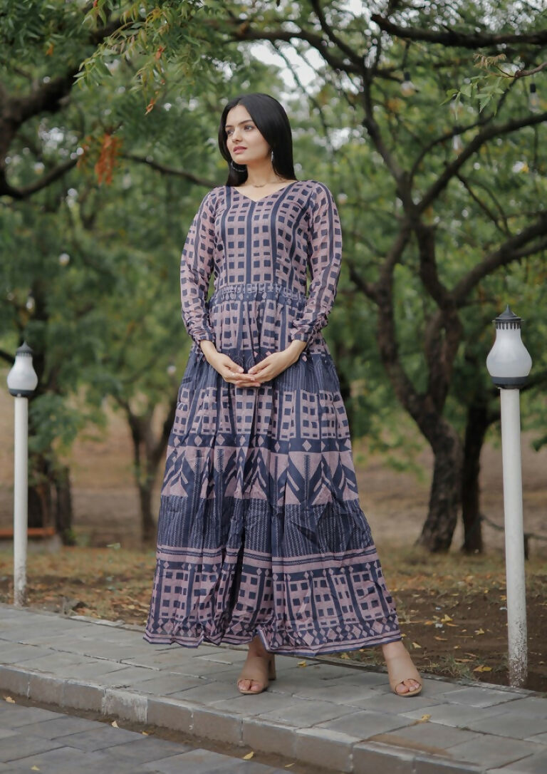 Navy blue pure Chanderi Anarkali dress with geometric digital print