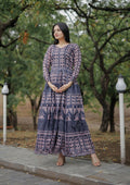 Navy blue pure Chanderi Anarkali dress with geometric digital print
