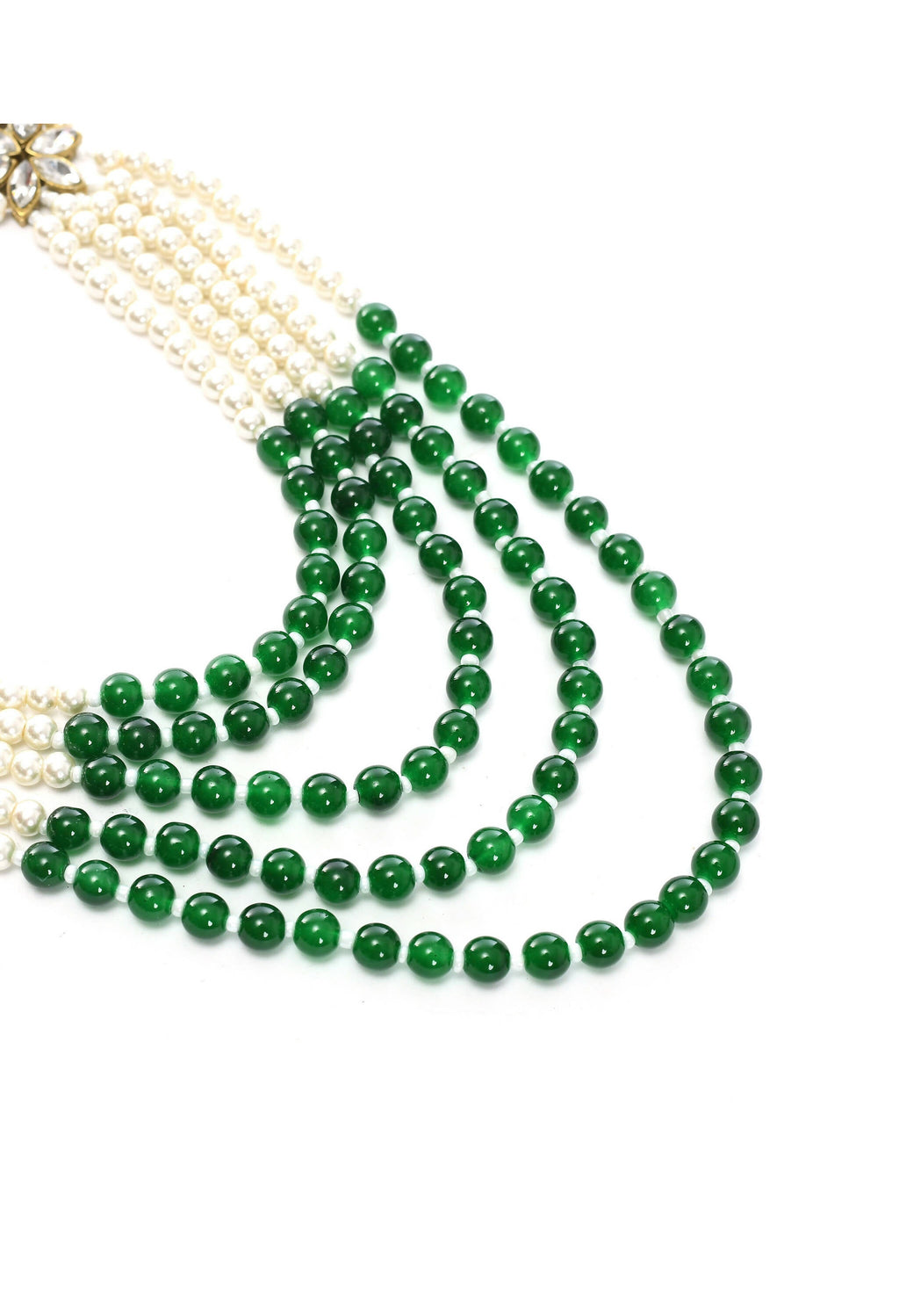 Johar Kamal Gold-Polished Rani Haar Necklace with Green & Off-White Pearls