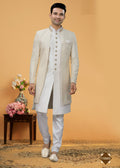 Boys white art silk straight kurta pyjama set with Chinese collar