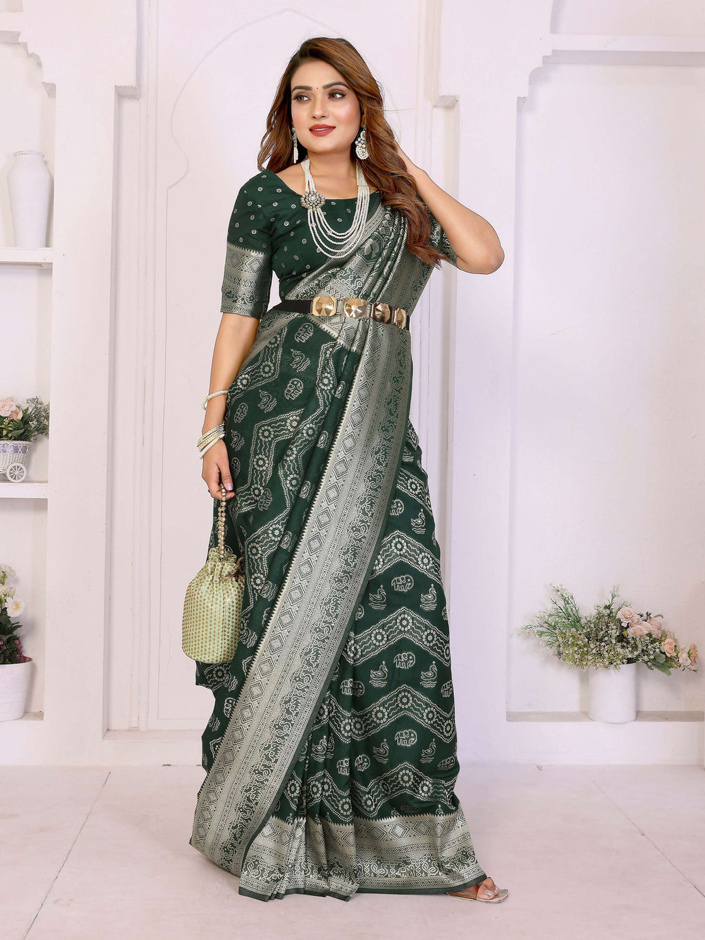 Green Georgette Silk Leheriya Saree with Zari Weaving