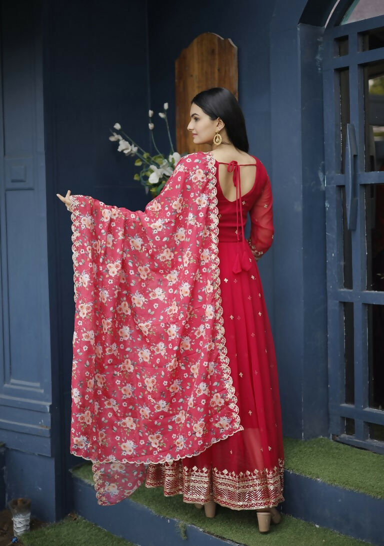 Red Faux Blooming Anarkali Dress with Zari & Sequins Embroidery