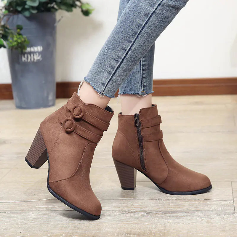 Women's Black Suede Chunky Heel Ankle Boots with Buckle Details - Image 12