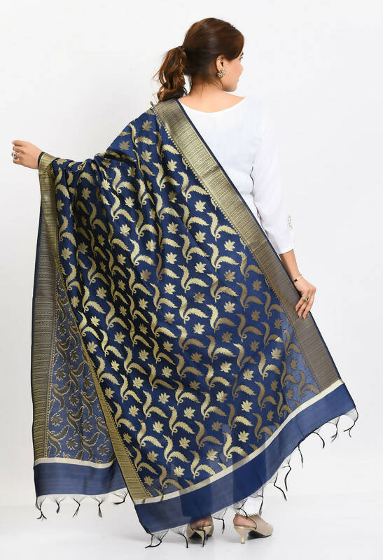 Navy Blue Banarasi Silk Dupatta with Floral Woven Design