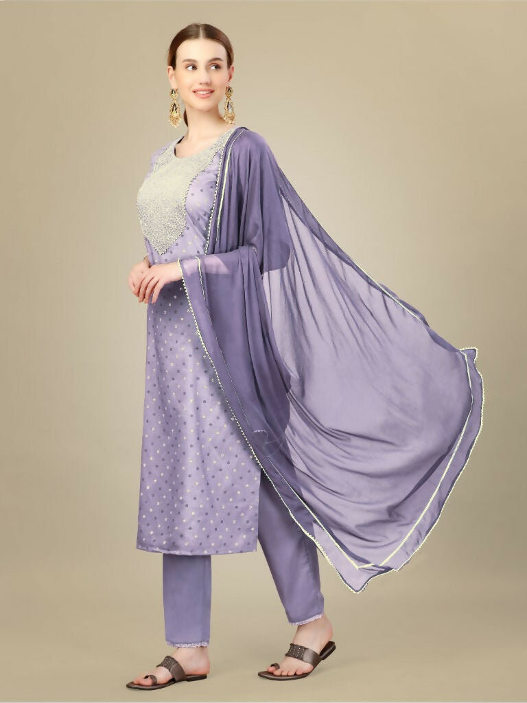 Lavender Silk Blend Embroidered Kurta Set with Trousers and Dupatta