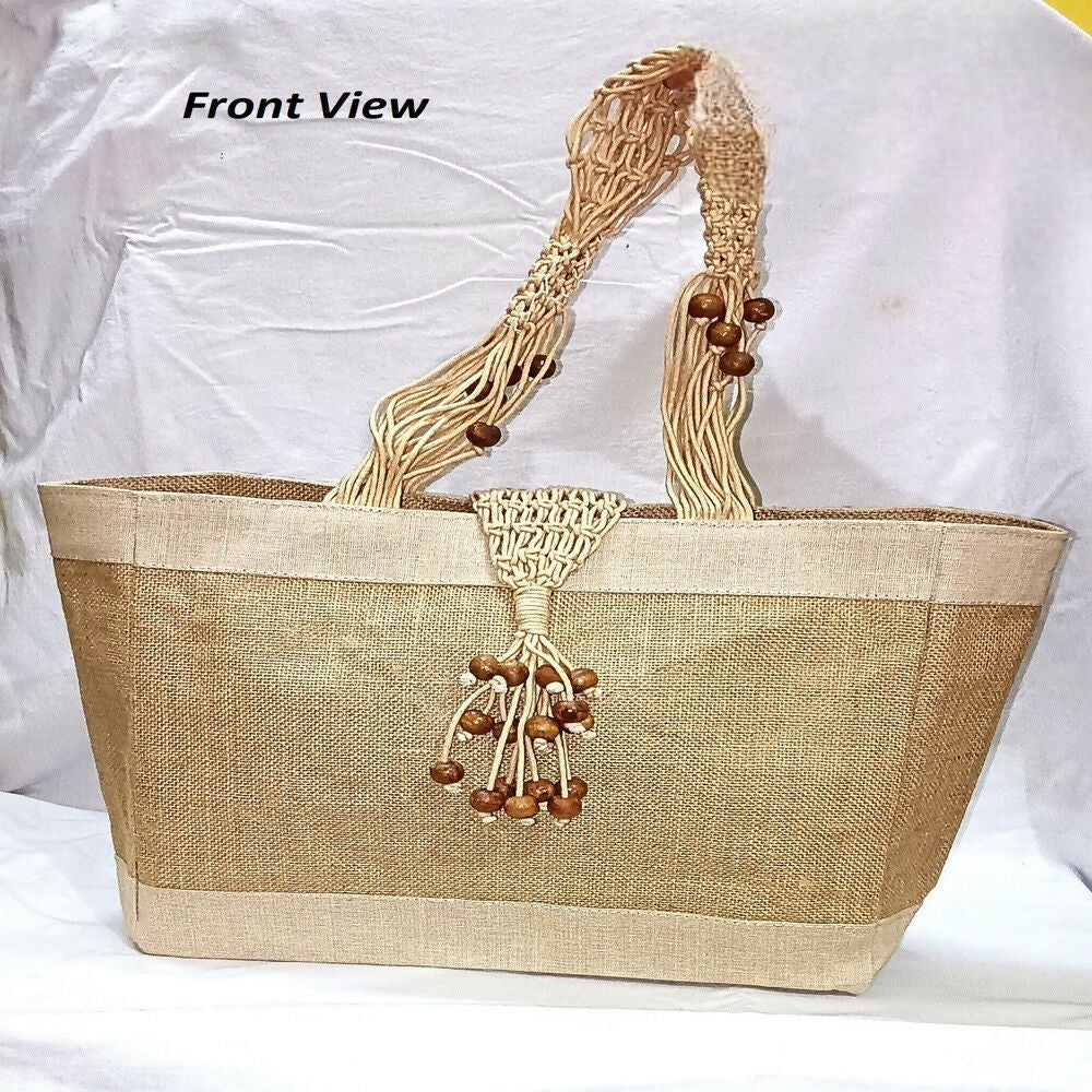 Eco-Friendly Jute Handbag with Decorative Wooden Beads