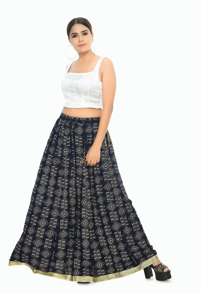 Moeza Navy Blue Printed Cotton Lehenga Lancha with String Closure