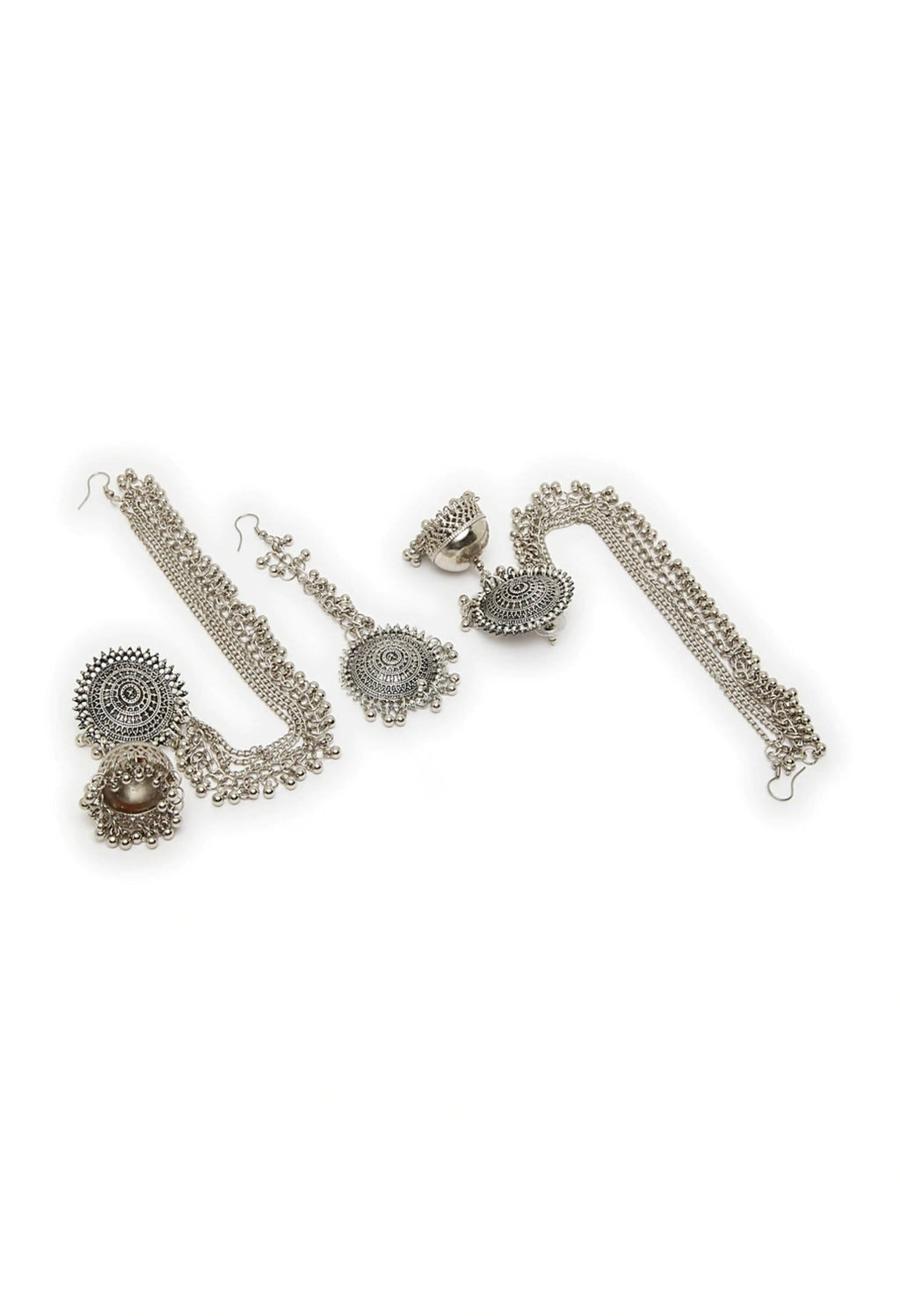 Johar Kamal Bahubali Earrings with Maang Tikka in Silver Finish