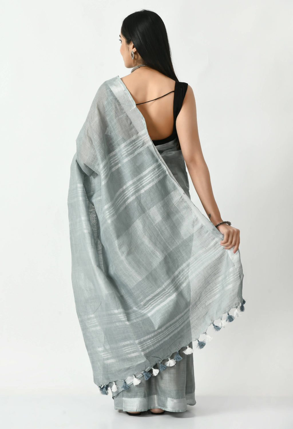 Gray Bhagalpuri Handloom Silk Linen Saree with Unstitched Blouse