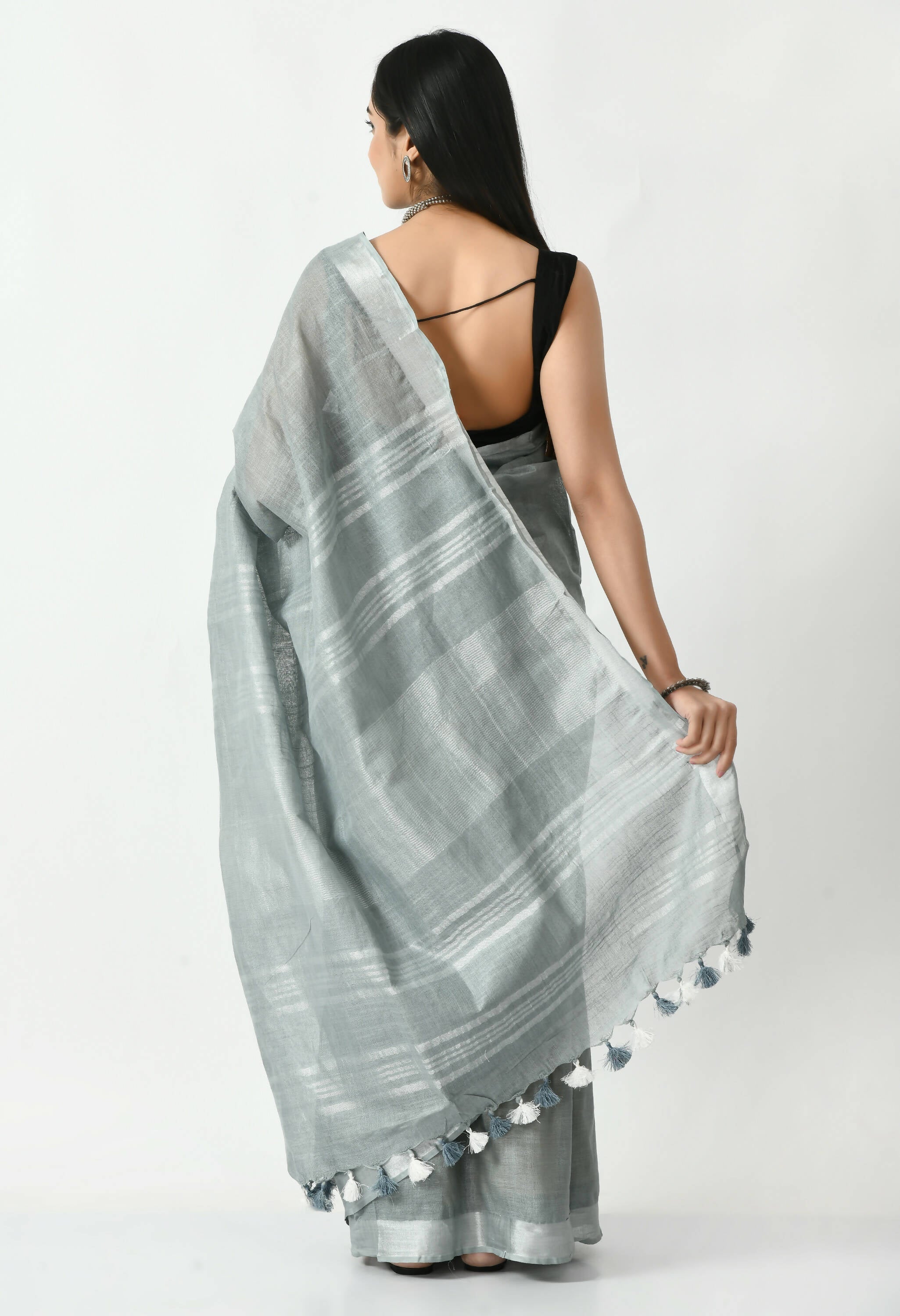 Gray Bhagalpuri Handloom Silk Linen Saree with Unstitched Blouse