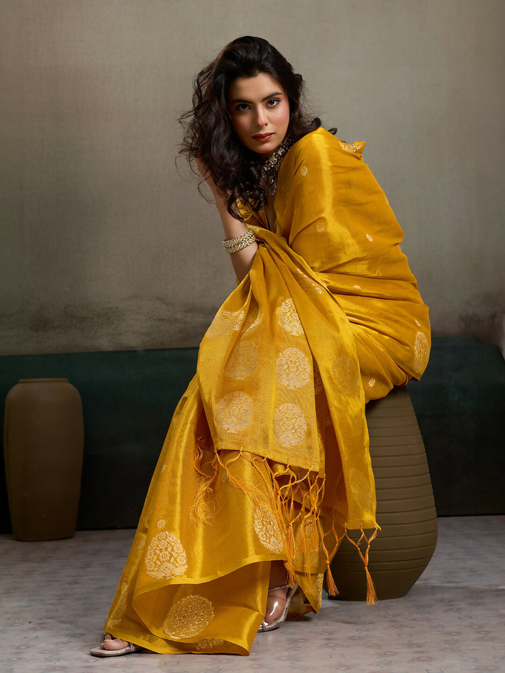 Mustard Yellow Tissue Silk Saree with Matching Blouse