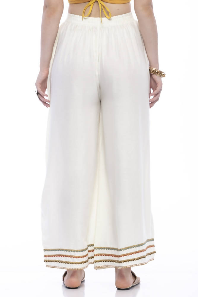 Cream Wide Leg Rayon Cotton Palazzo Pants for Women