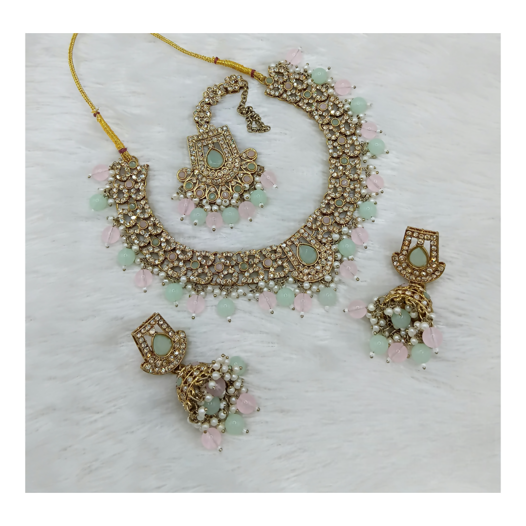 Light Pink and Sea Green stone work necklace set with matching earrings