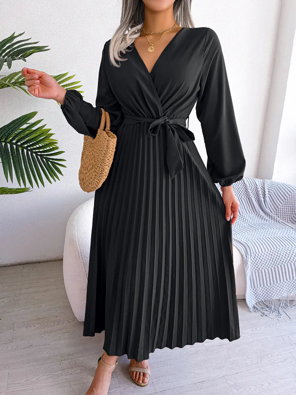Women's V-Neck Long Sleeve Pleated Maxi Dress with Tie Waist - Image 39