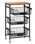 OKZEST 4-Tier Small Kitchen Storage Cart on Wheels Metal Fruit Basket Stand with Pull-Out Baskets & Wood Top for Potato Onion Produce Snack Veggies