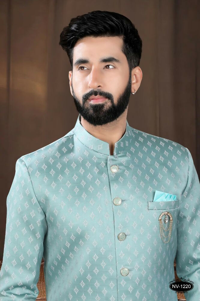 Boys Green Woven Jacquard Kurta and Pyjama Set for Special Occasions