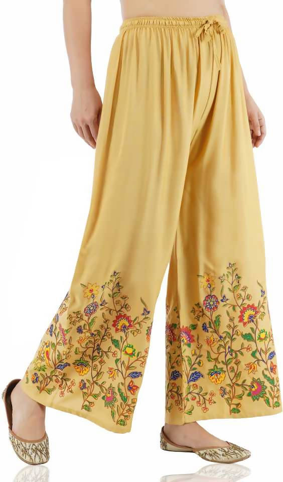 Golden Floral Print Palazzo Pants for Women, 40-Inch Length