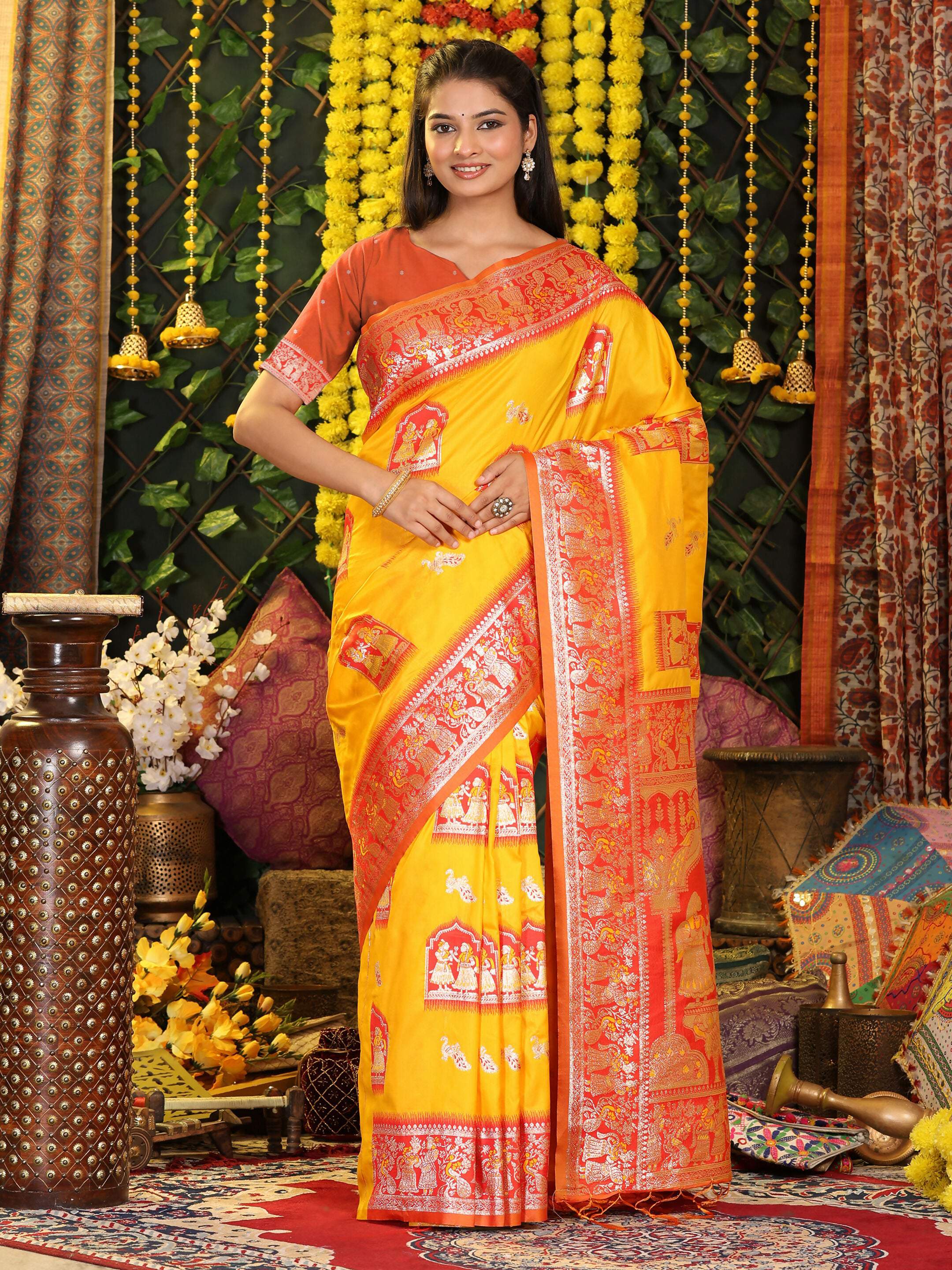 Vibrant Yellow Silk Saree with Contrast Orange Blouse Piece