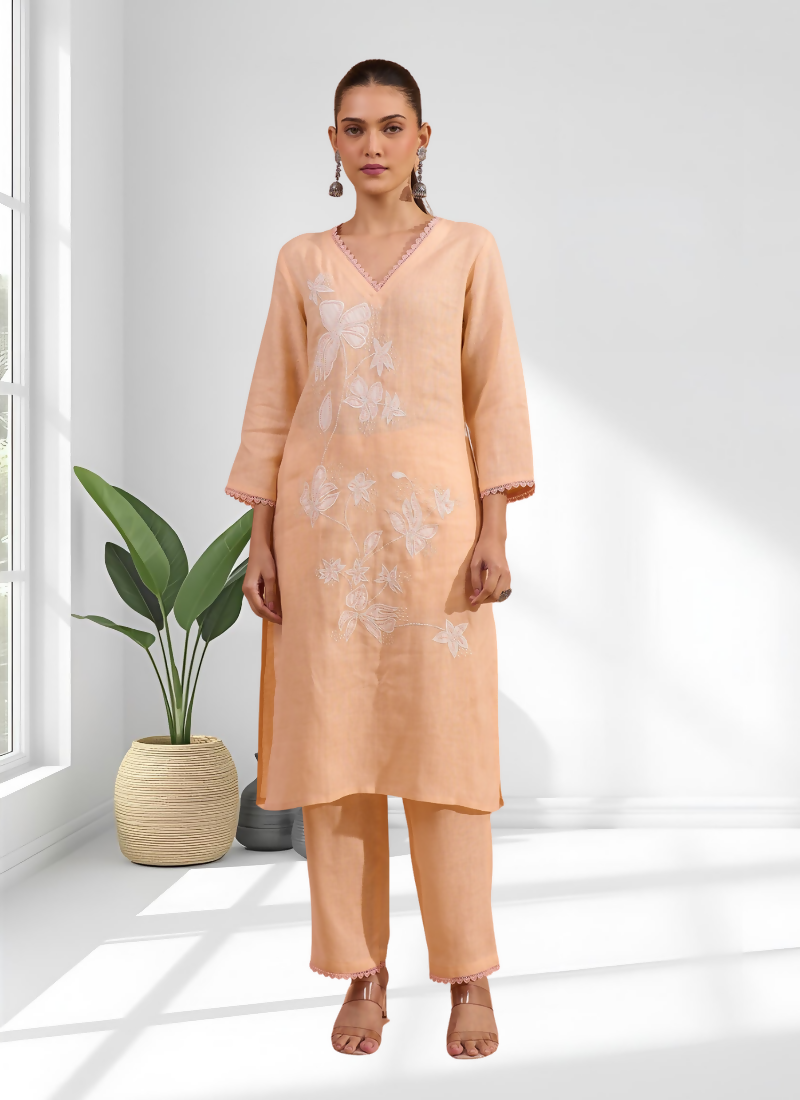 V-neck coral linen long kurta with embroidery and matching pant set