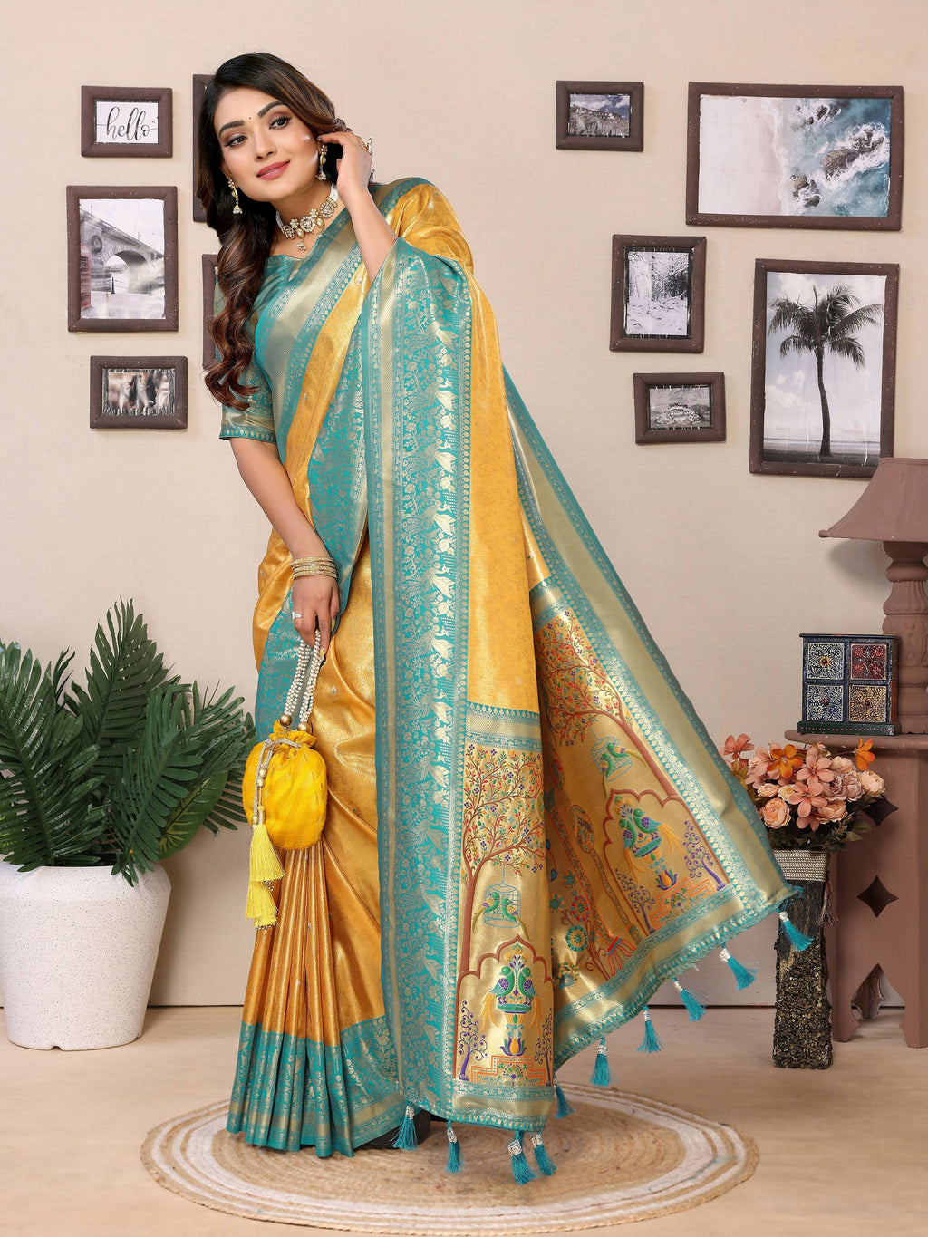 Yellow Tissue Silk Saree with Radiant Traditional Weaving