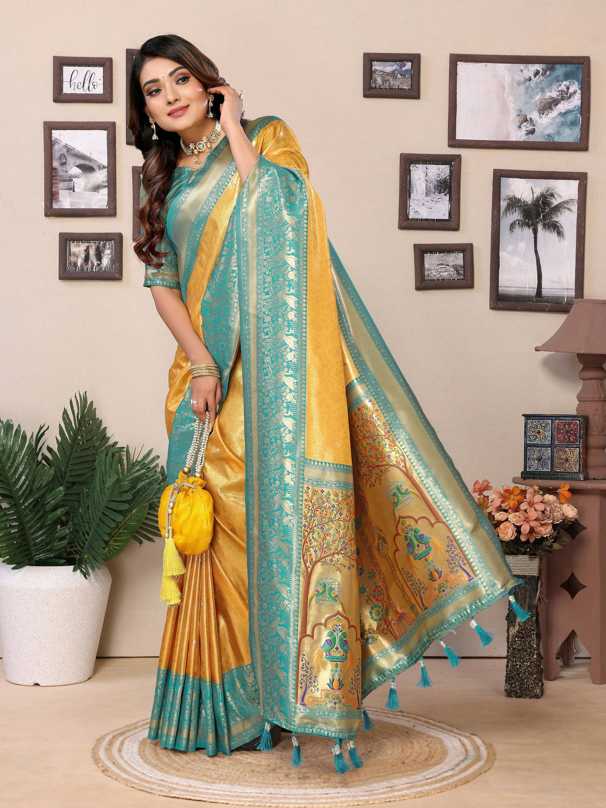 Yellow Tissue Silk Saree with Radiant Traditional Weaving